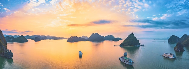 Aerial image of Ha Long Bay at sunset.