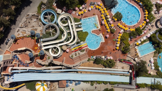 Aerial image of a large Water park with various slides and pools