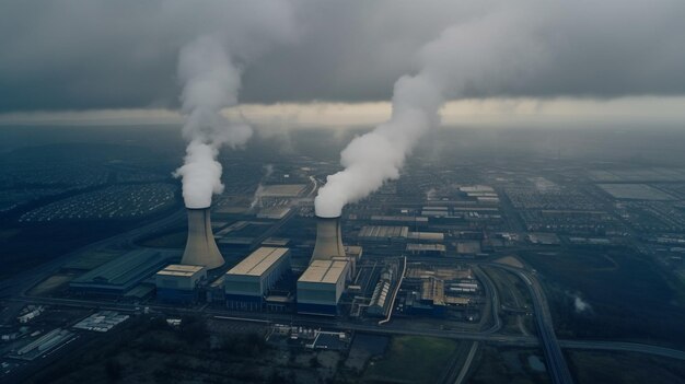 発電所の蒸気雲と煙雲の航空写真 生成 AI