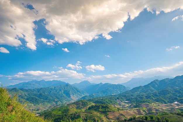 Aerial image of rice terraces in Sang Ma Sao Y Ty Lao Cai province Vietnam Landscape panorama of Vietnam terraced rice fields of Sang Ma Sao Spectacular rice fields Stitched panorama shot