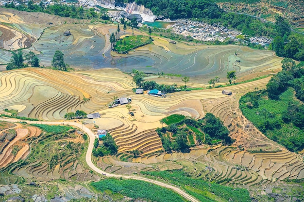 Аэрофотоснимок рисовых террас в долине Тхиен Синь, провинция Y Ty Lao Cai, Вьетнам Пейзажная панорама Вьетнама Террасные рисовые поля Тхиен Синь Впечатляющие рисовые поля Сшитый панорамный снимок