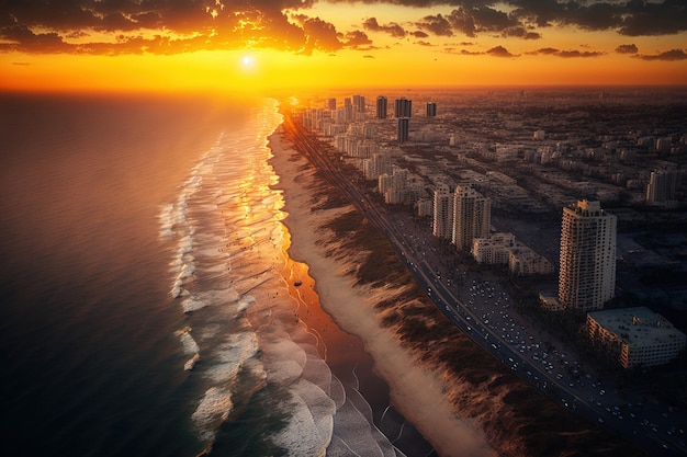 Aerial image of Tel Aviv Israels Mediterranean Sea shoreline as the sun sets
