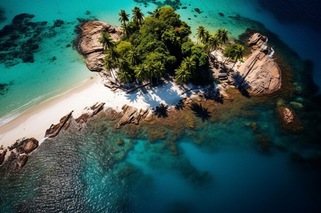 aerial image of tropical island from sea level with white palm tree overlooking blue blue