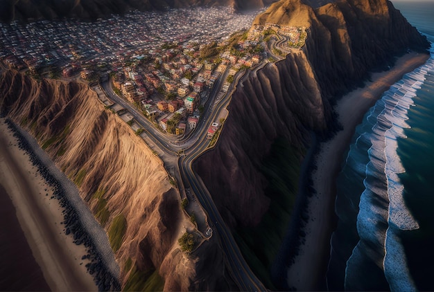 Aerial image of the village of Miraflores the cliff and the Costa Verde Highway in Lima Peru