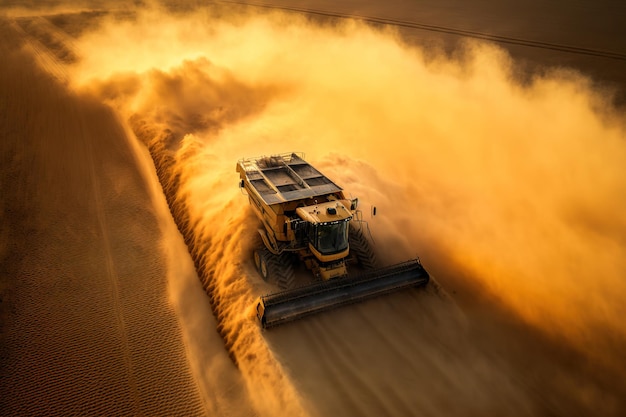 小麦の収穫コンバインの航空写真