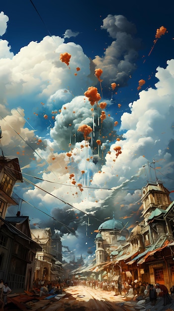 Автомобили воздушного вторжения с парашютами раскрашивают небо, падая на город