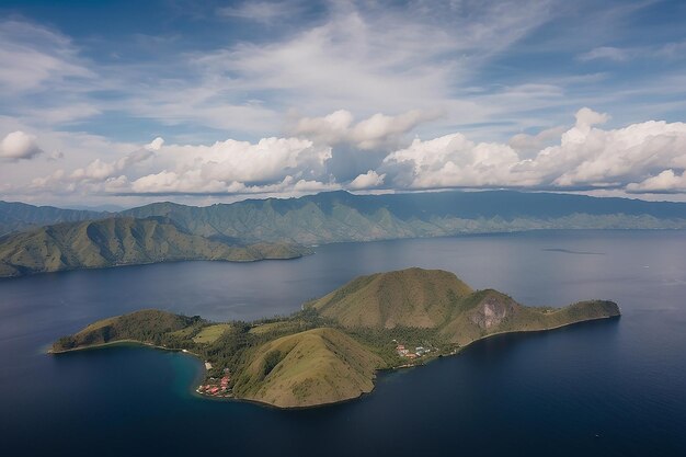 Aerial lake toba and samosir island view from above sumatra indonesia huge volcanic caldera covered by