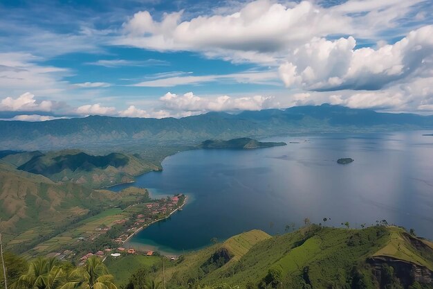 Photo aerial lake toba and samosir island view from above sumatra indonesia huge volcanic caldera covered by