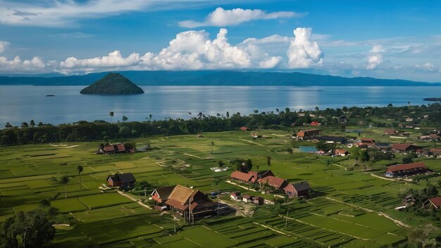 Aerial lake toba and samosir island view from above sumatra indonesia