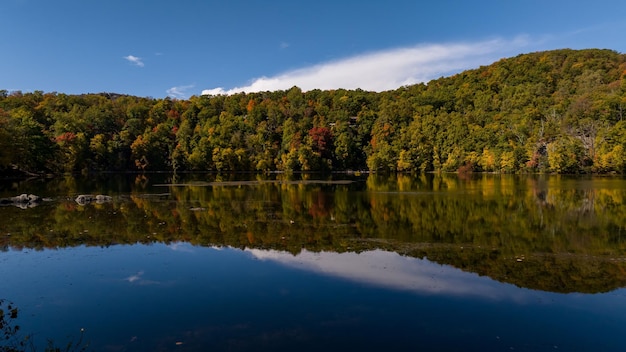 Aerial of a lake in upstate new york during the colorful fall foliage on a sunny day