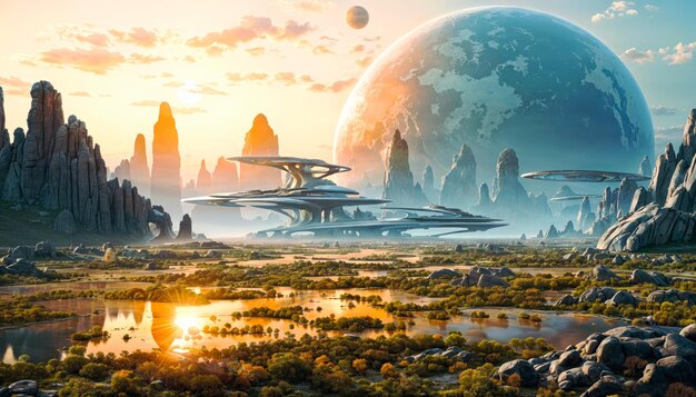 Aerial Landscape on advanced civilization planet with big planets in the sky