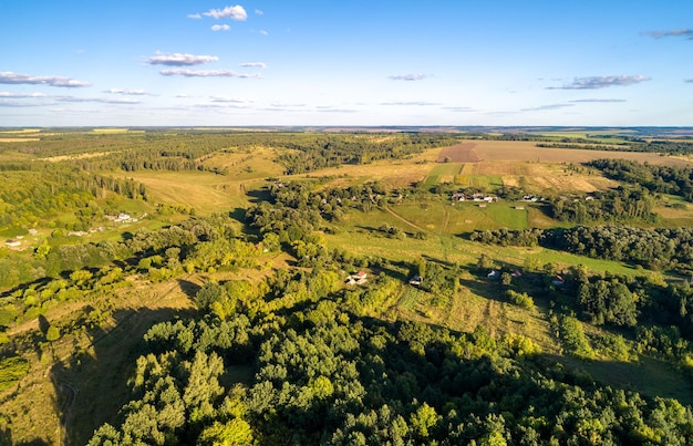 Aerial landscape of the central black earth region of russia bolshoe gorodkovo village kursk region