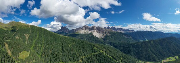 Aerial landscape of the dolomites and a view of the aferer geisler mountains in italy