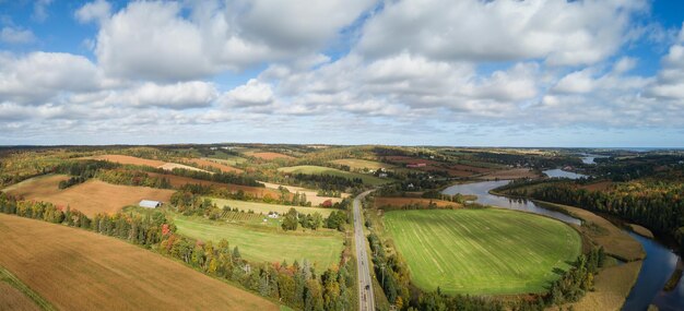 Aerial landscape view of Farm Fields during a sunny day