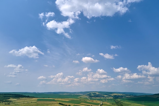 写真 明るい夏の日に作物が育ち、遠くの森がある緑の耕作された農地の上の澄んだ青い空の空中風景写真