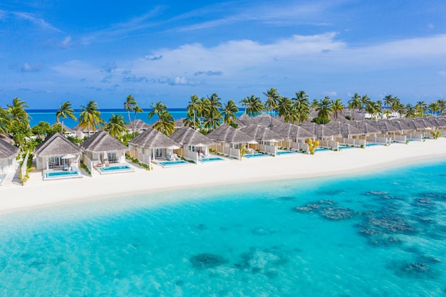 Aerial Maldives beach Beautiful palm trees luxury bungalows amazing sea Exotic travel vacation