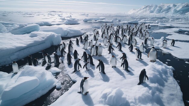 Aerial marvel drone photography of a vast penguin colony on icy shores
