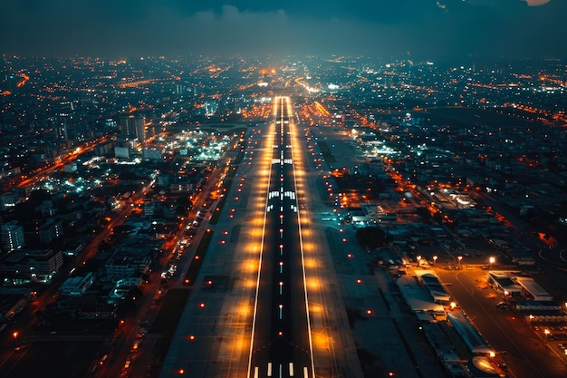 Aerial Night Approach to Airport Runway