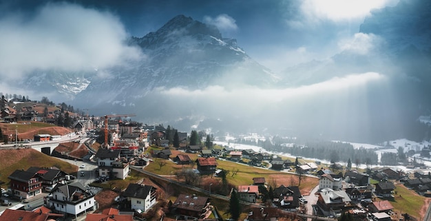 Aerial panorama of the grindelwald switzerland village view near swiss alps