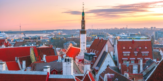 Aerial panorama pf Medieval Old Town in Tallinn, Estonia