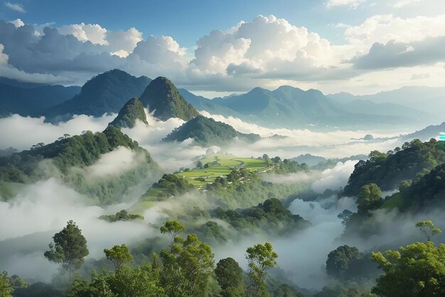 An aerial panorama view of tropical rainforest in morning misty stunning sunrise view