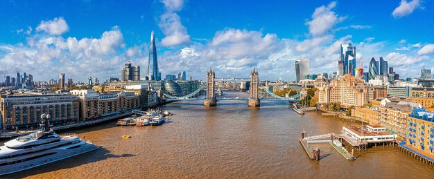 Aerial panoramic cityscape view of the london tower bridge