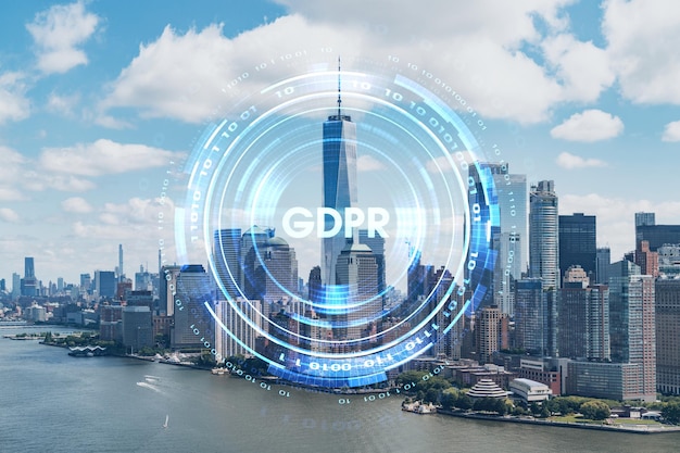 Aerial panoramic helicopter city view of lower manhattan and\
downtown financial district new york usa gdpr hologram concept of\
data protection regulation and privacy for all individuals