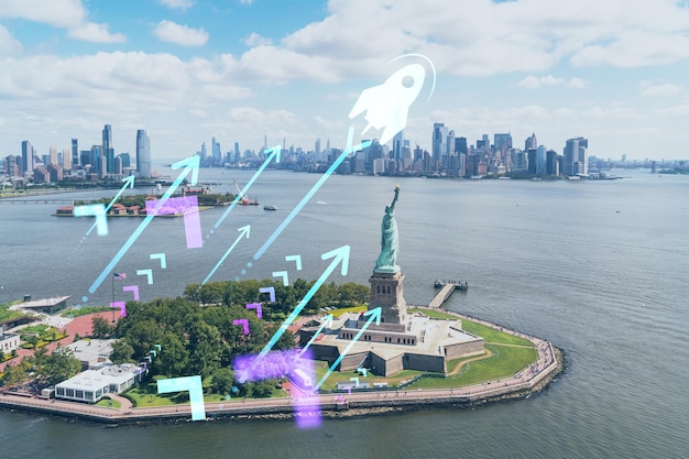 Aerial panoramic helicopter city view of Lower Manhattan Downtown New York New Jersey and Statue of Liberty Startup company launch project to seek and develop scalable business model hologram