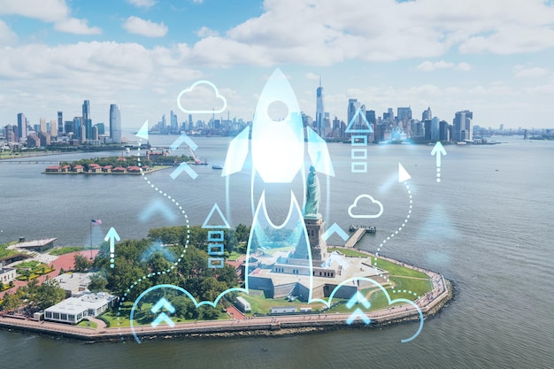 Aerial panoramic helicopter city view of lower manhattan\
downtown new york new jersey and statue of liberty startup company\
launch project to seek and develop scalable business model\
hologram