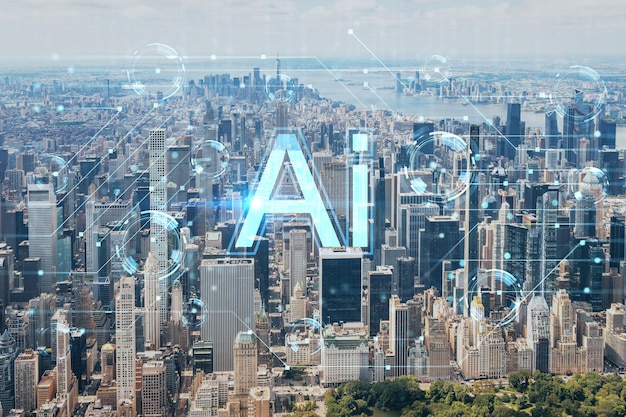 미드타운 맨해튼 지역과 센트럴 파크 뉴욕 USA 인공 지능 개념 홀로그램 AI 기계 학습 신경망 로봇 공학의 공중 파노라마 헬리콥터 도시 전망