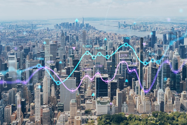 Aerial panoramic helicopter city view of midtown manhattan\
neighborhoods and central park new york usa forex graph hologram\
the concept of internet trading brokerage and fundamental\
analysis