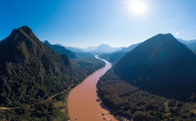 Aerial panoramic Nam Ou River Nong Khiaw Muang Ngoi Laos