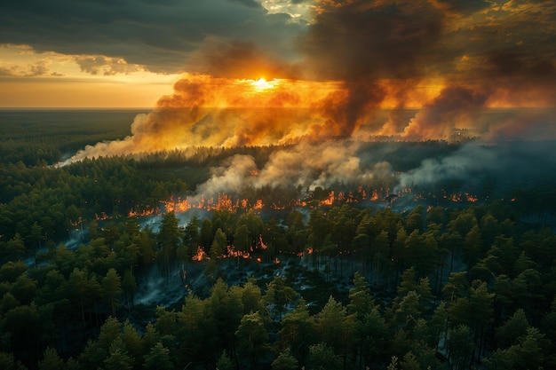 Aerial panoramic shot of burning trees in flames in forest covering fire smog