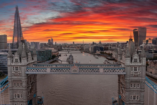 Aerial panoramic sunset view of london tower bridge and the river thames