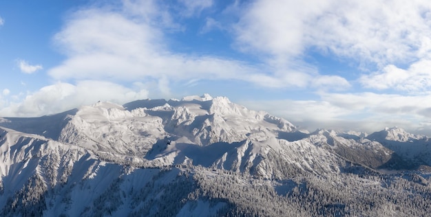 雪に覆われたカナダの山の空中パノラマビュー