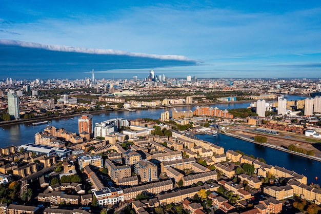 Aerial panoramic view of the Canary Wharf business district in London, UK. Financial district in London.