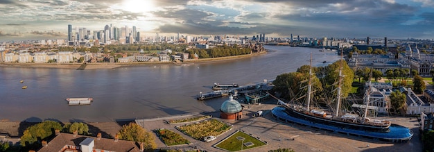 Aerial panoramic view of the Canary Wharf business district in London, UK. Financial district in London.