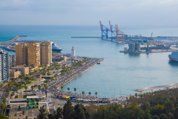 Aerial and panoramic view of the city and port of Malaga in Spain.