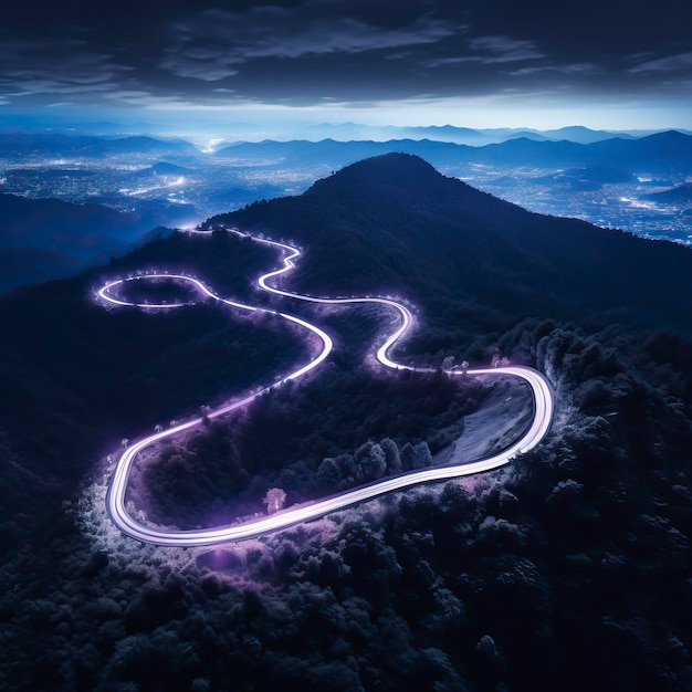 Aerial panoramic view of curvy mountain road with trailing lights at night