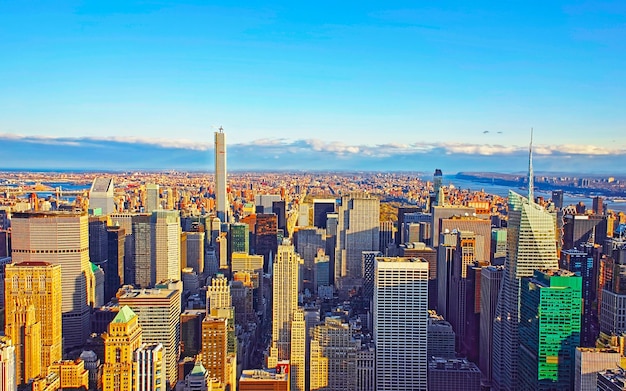 Aerial panoramic view to Downtown Manhattan and Lower Manhattan New York, USA. Skyline with skyscrapers. New Jersey City. American architecture building. Panorama of Metropolis NYC