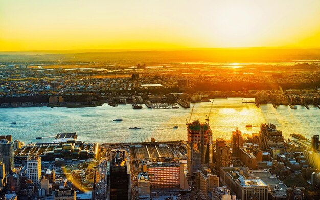 Aerial panoramic view to Downtown Manhattan and Lower Manhattan New York, USA. Skyline with skyscrapers. New Jersey City. American architecture building. Panorama of NYC. Manhattan West. Hudson River