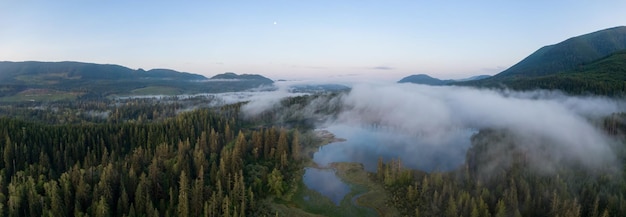 Aerial Panoramic View of Fairy Lake covered in clouds