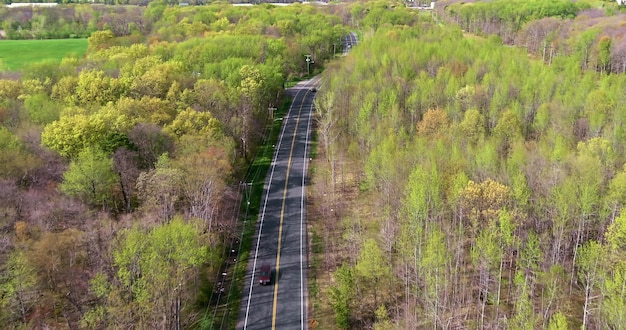 Панорамный вид с воздуха на шоссе посреди леса