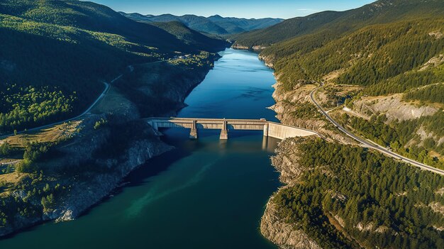 Aerial panoramic view of Hydroelectric Dam on river Generative Ai