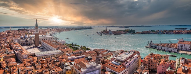 Aerial panoramic view of iconic and unique Campanile in Saint Mark's square or Piazza San Marco, Venice, Italy