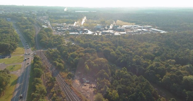 Aerial panoramic view on of industrial zone chemical factory production