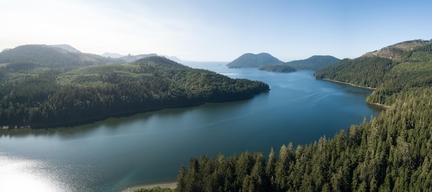 Aerial panoramic view of an Inlet near a small town