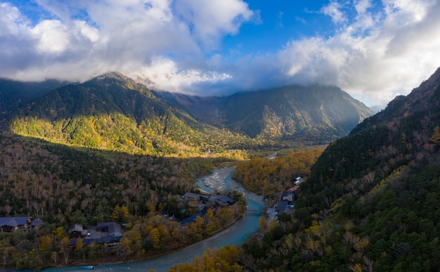 Aerial panoramic view over Kamikochi, is a remote mountainous highland valley in the western region of Nagano Prefecture, Japan.