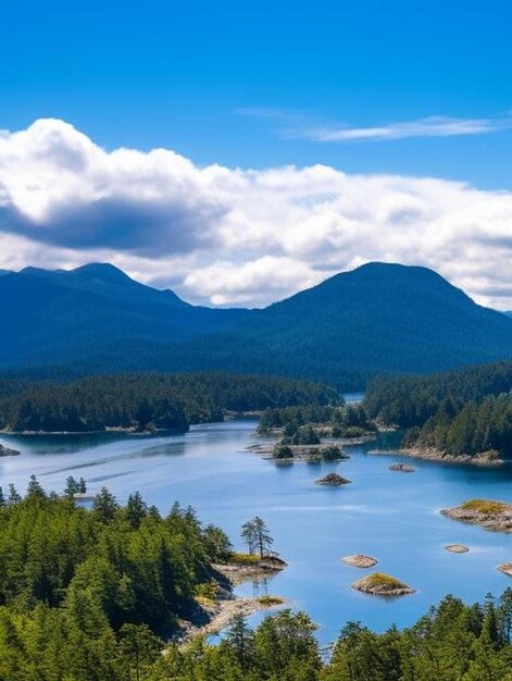 Aerial panoramic view of kennedy lake during a vibrant sunny day