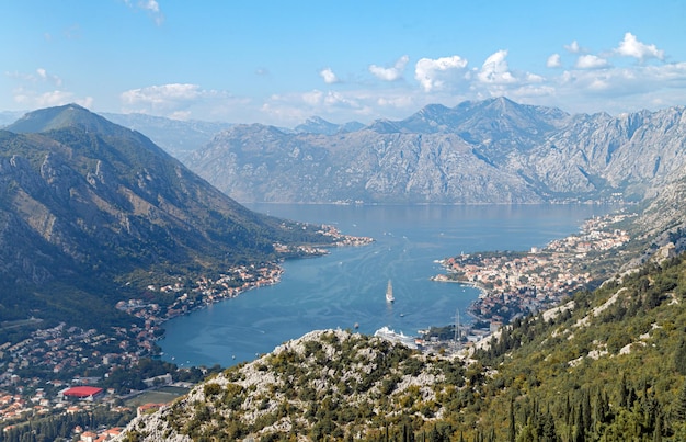 Aerial panoramic view of Kotor Bay, Montenegro.